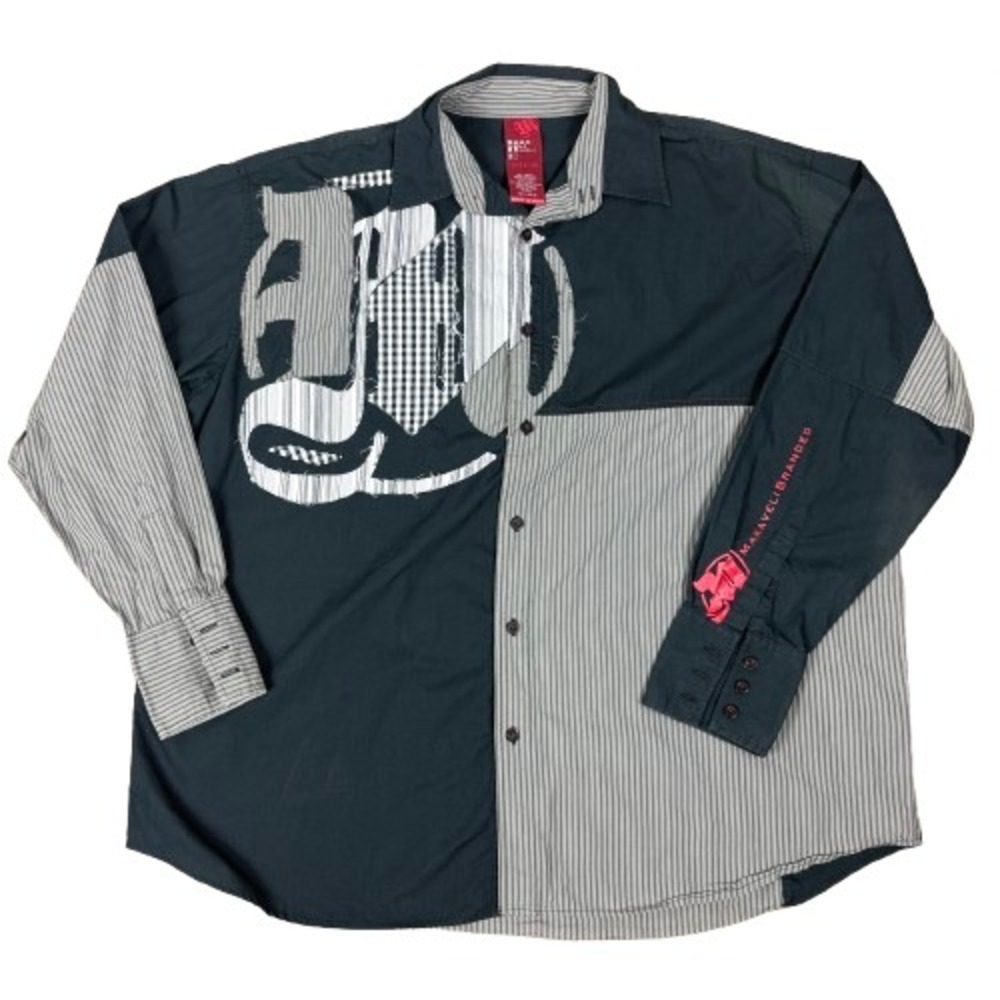 Makaveli Branded Patchwork Button Up Shirt Black Gray Streetwear Hip Hop Size 3X